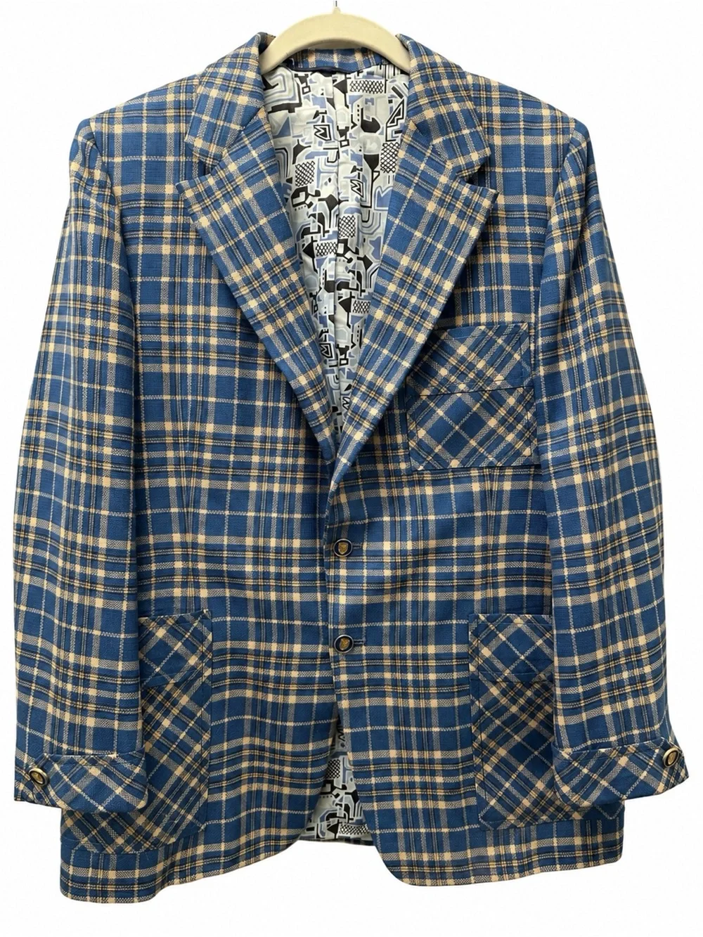 Vintage 70s Charles Lyons Mens 39S Blue Plaid Wide Lapel Blazer Sport Coat Retro